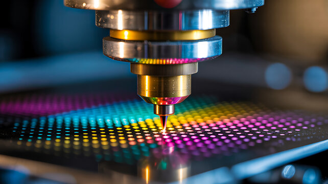 Close-up of precision manufacturing machine over colorful patterned surface in advanced industrial or microfabrication setting