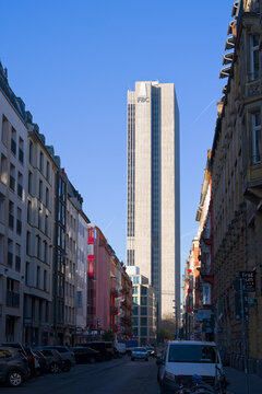 Cityscape with Frankfurter B&uuml;ro Center FBC skyscraper at financial district of German city of Frankfurt am Main on a sunny autumn day. Photo taken November 22nd, 2025, Frankfurt am Main, Germany.