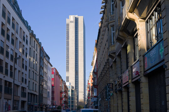 Cityscape with Frankfurter B&uuml;ro Center FBC skyscraper at financial district of German city of Frankfurt am Main on a sunny autumn day. Photo taken November 22nd, 2025, Frankfurt am Main, Germany.
