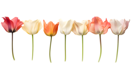 A beautiful row of seven multicolored tulips with long stems standing upright on transparent background