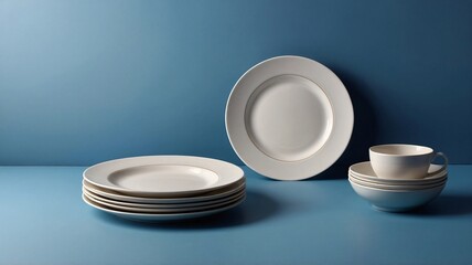 A minimalist arrangement of white dinnerware featuring plates and bowls against a soothing blue background.