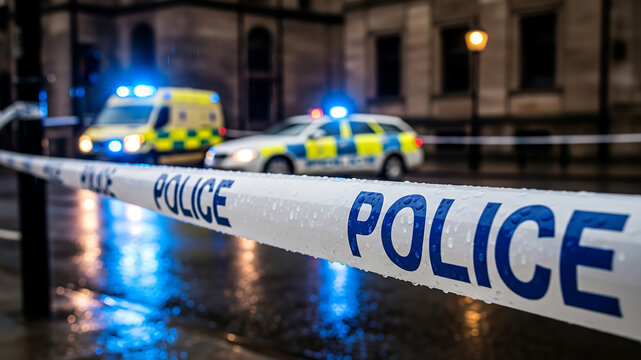Police tape cordons off crime scene on rainy night