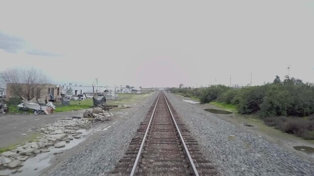 Drone along the train tracks in Fresno, California