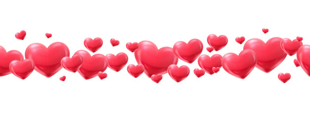Horizontal border of floating glossy red hearts on white background. Romantic decorative element for Valentine cards, banners, love themes, wedding designs and festive layouts.