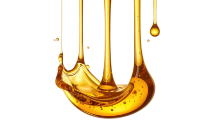 Digitally created illustration showcasing a stream of viscous liquid cascading downwards, forming a droplet with a transparent black background