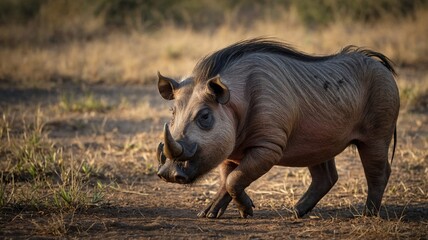 Fototapeta premium A wild boar with distinctive tusks walks gracefully through a golden grassland during sunset, showcasing its unique features.