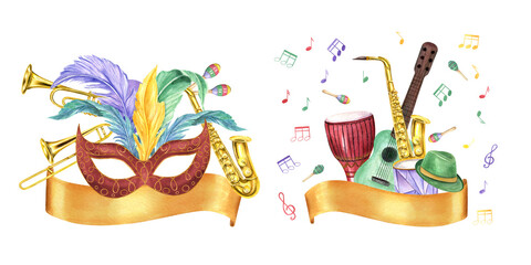 Music instrument, carnival attributes and golden banner for text. Percussion, wind and string instruments, masks with feathers and Fat Tuesday accessories for Mardi gras invitation cards © Masha_tolk_art