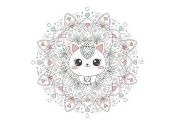 Whimsical cat in mandala design isolated on transparent background