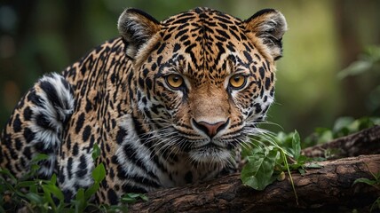 Obraz premium Close-up of a majestic jaguar resting on a log, showcasing its striking coat and intense gaze.