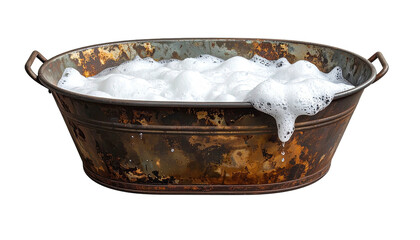 Rustic oval metal tub overflowing with soapy white suds against a transparent background