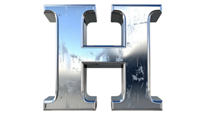 Large, shiny capital letter "H" rendered in metallic silver, with subtle scratches and reflections against a stark black background