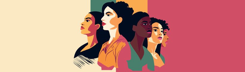 Vector horizontal abstract bright banner for International Women's Day, March 8. Women different cultures, skin colors, nationalities stand together. Movements for gender equality, women's empowerment