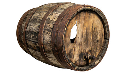 Rustic wooden barrel with a large hole and rusty metal bands. Dark background. Perspective angle