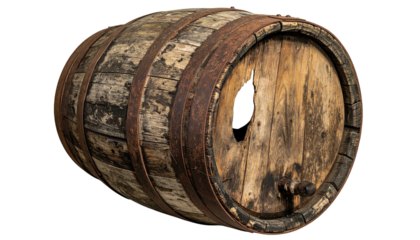 Rustic wooden barrel with a large hole and rusty metal bands. Dark background. Perspective angle