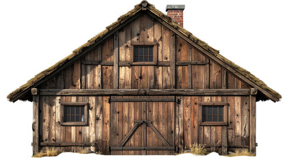 Rustic wooden building with a thatched roof, chimney, and three small windows