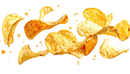 Scattered, seasoned potato crisps, golden and lightly textured, on a transparent background