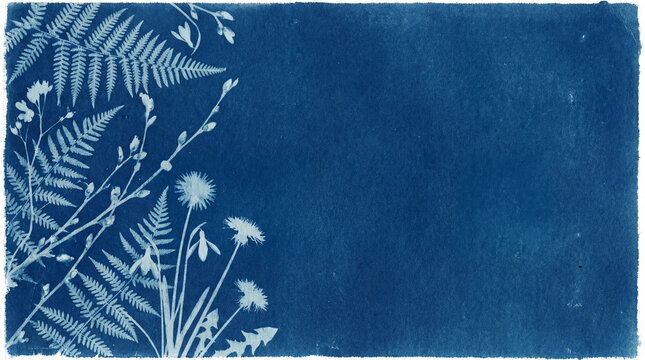 Cyanotype botanical silhouettes on deep blue. Cyanotype fern leaves and wildflower stems on textured paper, cyanotype backdrop for spring equinox cards, eco branding, wedding invites, copy space