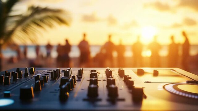 DJ sound mixer is ready in foreground while people gather at beach for a party at sunset