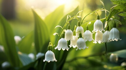 Delicate white and green flowers hang from a branch, illuminated by warm sunlight, creating a serene natural scene