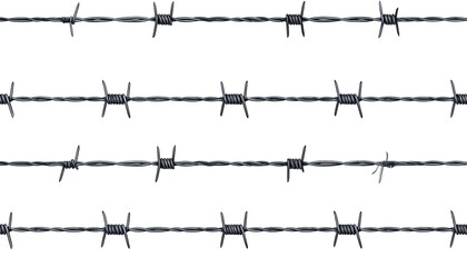 Seamless horizontal black and silver steel barbed wire fence, repeating pattern on a black background