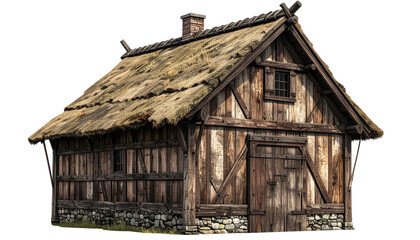 Rustic wooden cottage with thatched roof, weathered textures, and a small window