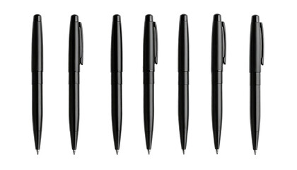 Seven sleek, black pens aligned, presented against a stark black background, showcasing detail and texture