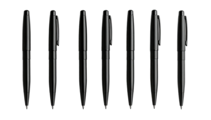 Seven sleek, black pens aligned, presented against a stark black background, showcasing detail and texture
