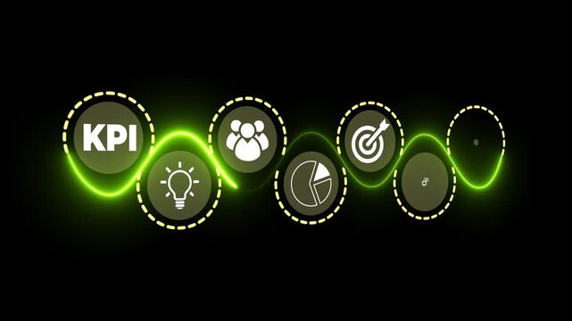 KPI and data metrics idea on the black background.  Modern technology and data driven decision making in business strategy. Motion graphics of KPI analytics concept. 4k video animation.
