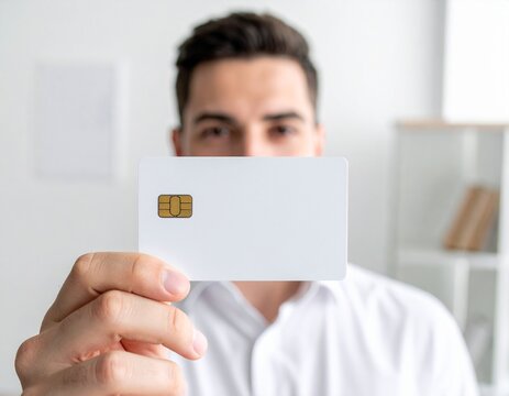 Man holding a white credit card.