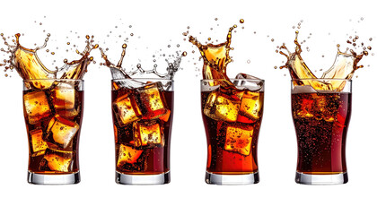 Series of four clear glasses with ice cubes, dark liquid, and splashes against a solid black background