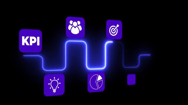 KPI and data metrics idea on the black background.  Modern technology and data driven decision making in business strategy. Motion graphics of KPI analytics concept. 4k video animation.