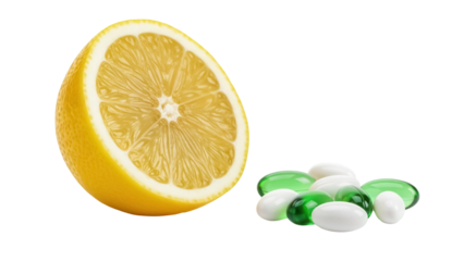 Half lemon and green and white pills isolated PNG, vitamin C source and dietary supplements on transparent background