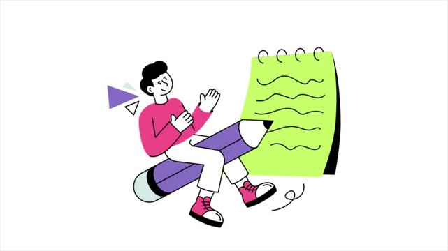 Writer Riding A Pencil 2D Animation MP4 File