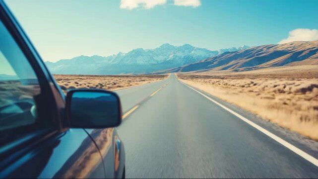 Driving through mountains on a long road in bright sunlight with clear skies in a remote area