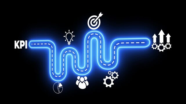 KPI and data metrics idea on the black background.  Modern technology and data driven decision making in business strategy. Motion graphics of KPI analytics concept. 4k video animation.
