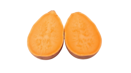 Two halves of a sweet potato isolated PNG on transparent background, vibrant orange vegetable for healthy eating and cooking