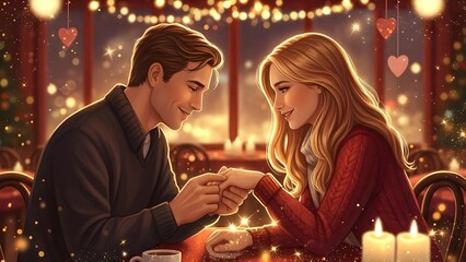 Couple sharing a tender moment with a ring during a romantic winter evening dinner.