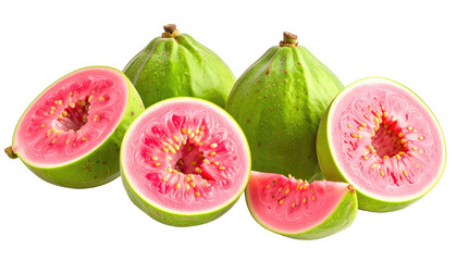 Several ripe guava fruits, some whole, others halved, showing vibrant pink flesh