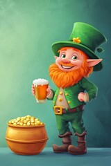 Cartoon leprechaun celebrating st. Patrick's day with beer and gold coins