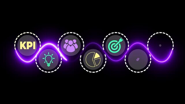 KPI and data metrics idea on the black background.  Modern technology and data driven decision making in business strategy. Motion graphics of KPI analytics concept. 4k video animation.