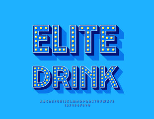 Obraz premium Vector Advertising board Elite Drink for Cafe and Restaurant. Bright Font with Lightbulbs. Artistic Alphabet Letters and Numbers set with Lamps