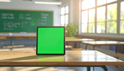 Digital tablet with green screen on a wooden desk in a bright classroom setting
