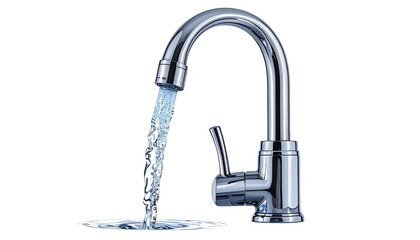 Shiny chrome faucet with water pouring down against a black background