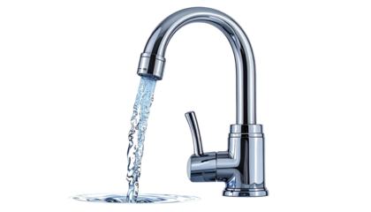 Shiny chrome faucet with water pouring down against a black background