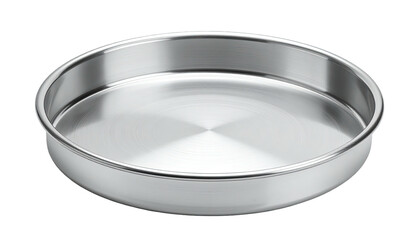 Shiny, circular, stainless steel baking pan with a rounded edge, isolated on a black background
