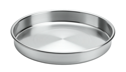 Shiny, circular, stainless steel baking pan with a rounded edge, isolated on a black background