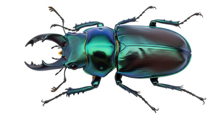 Iridescent stag beetle PNG isolated on transparent background, shiny insect with large mandibles...