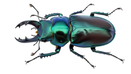 Iridescent stag beetle PNG isolated on transparent background, shiny insect with large mandibles and spiky legs, entomology specimen