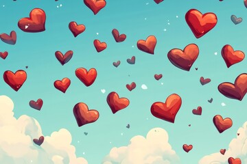 Red hearts floating in a sunny sky, creating a romantic and dreamy atmosphere, perfect for valentine's day or any love-themed project