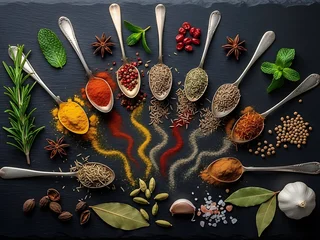 Tableau sur plexiglas Cuisine Variety of spices and herbs on spoons and loose on dark surface  © MDJAHED